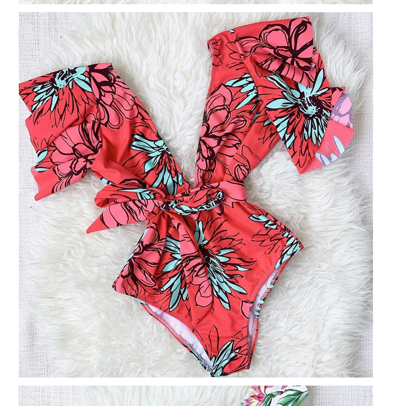 Fashion Foundation Green Leaves Floral Printed Lace-up One-piece Swimsuit,One Pieces