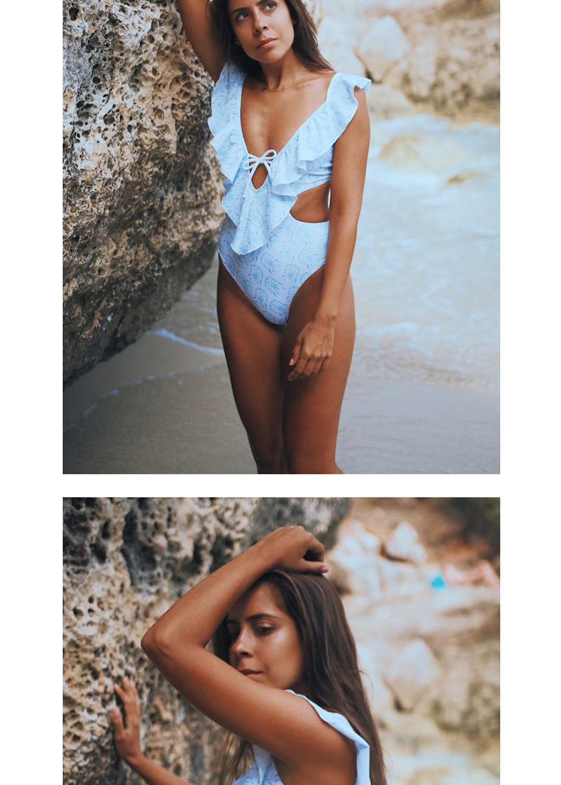 Fashion Blue Ruffled Backless One-piece Swimsuit,One Pieces