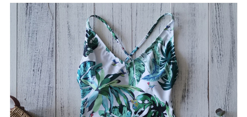Fashion Green Leaves On White Small Floral Print Halter One-piece Swimsuit,One Pieces