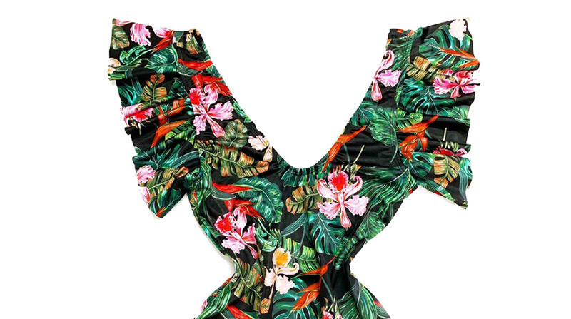 Fashion Green Flower Floral Ruffled Deep V One-piece Swimsuit,One Pieces