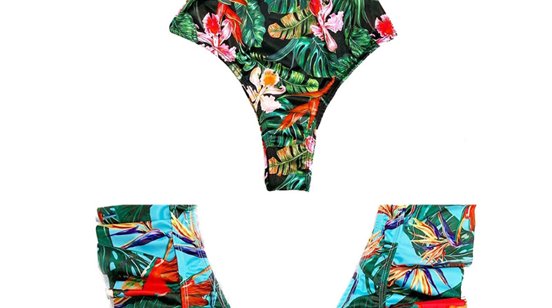 Fashion Blue Bottom Floral Floral Ruffled Deep V One-piece Swimsuit,One Pieces