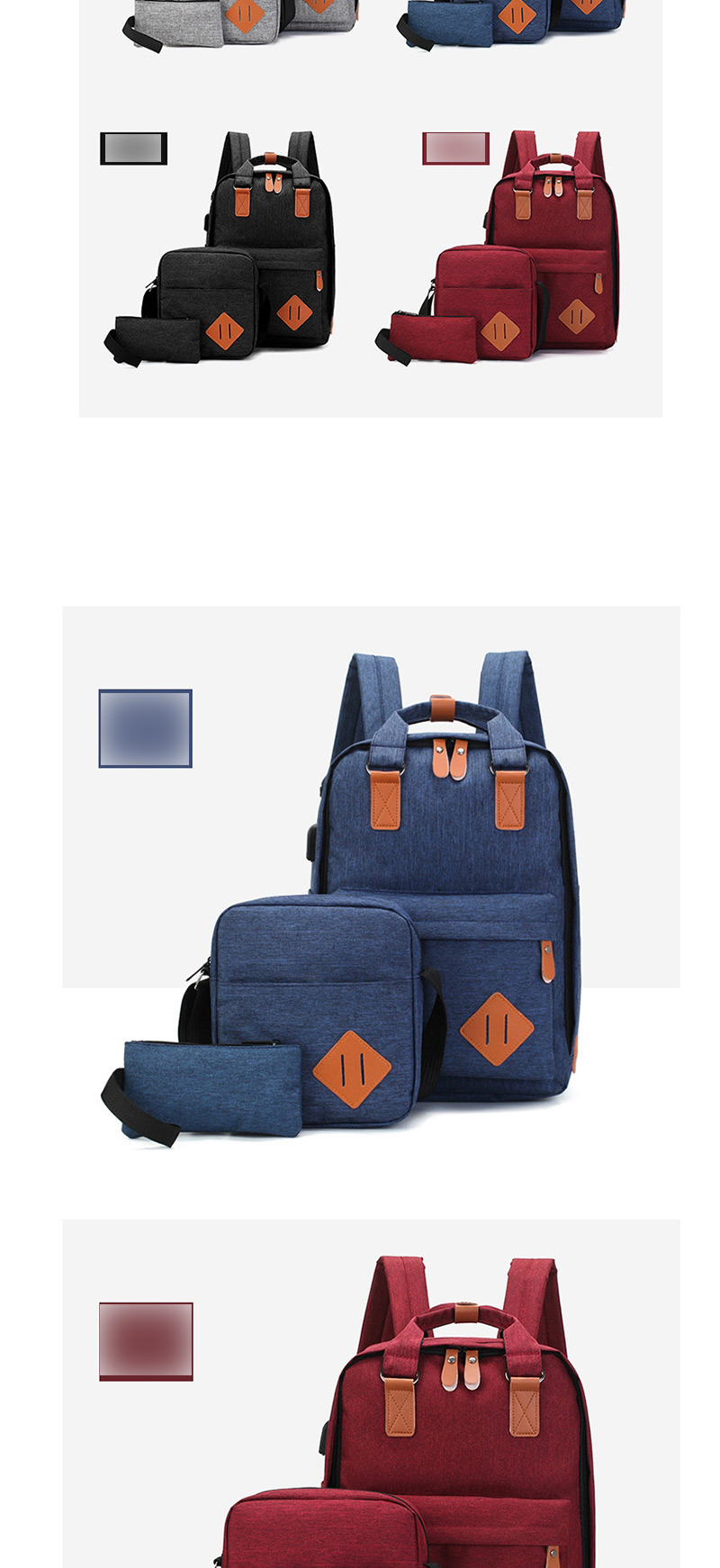 Fashion Blue Contrast Stitching Usb Charging Backpack Three-piece Suit,Backpack