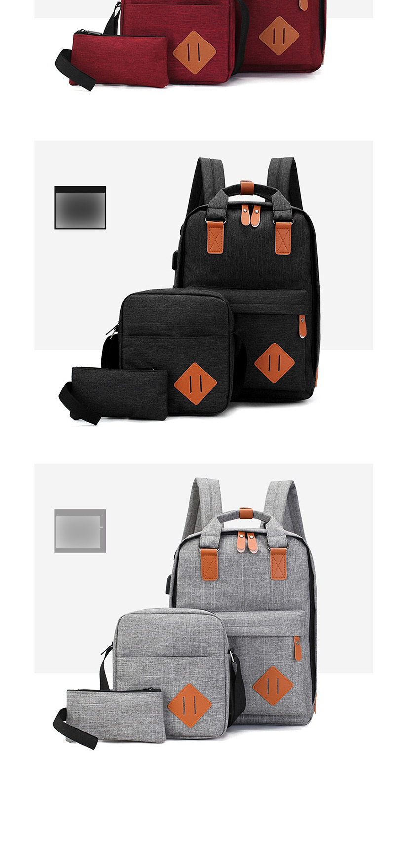 Fashion Light Grey Contrast Stitching Usb Charging Backpack Three-piece Suit,Backpack