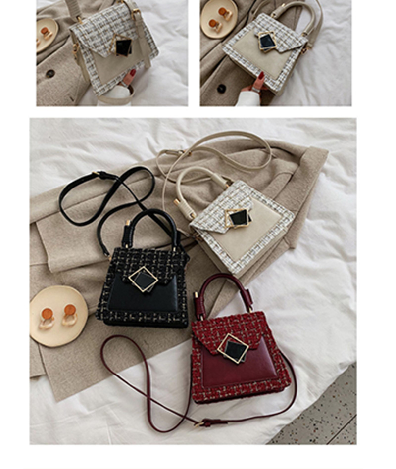 Fashion Red Wine Wool Plaid Stitching Portable Slung Shoulder Bag,Handbags