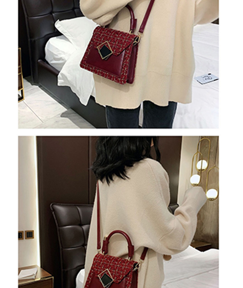 Fashion Red Wine Wool Plaid Stitching Portable Slung Shoulder Bag,Handbags
