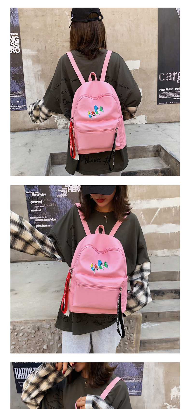 Fashion Pink Canvas Leaf Print Backpack,Backpack
