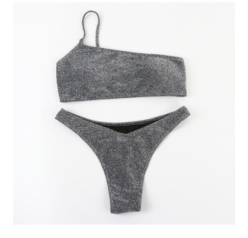Fashion Gray Chest Pad Gathers Solid Color Filigree One-shoulder Bikini,Bikini Sets
