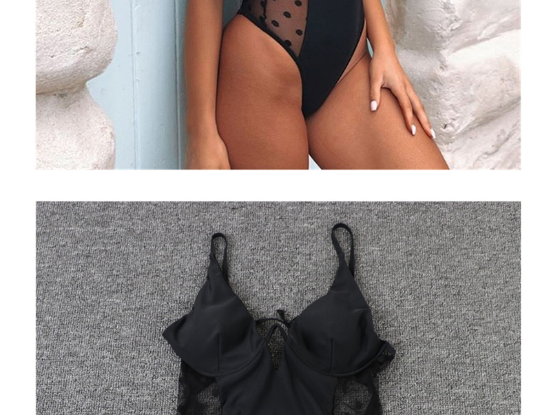 Fashion Black Mesh Dot V-button One-piece Swimsuit,One Pieces