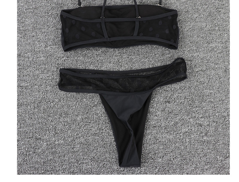 Fashion Black Chest Mesh Polka Dot Shoulder Strap Split Swimsuit,Bikini Sets