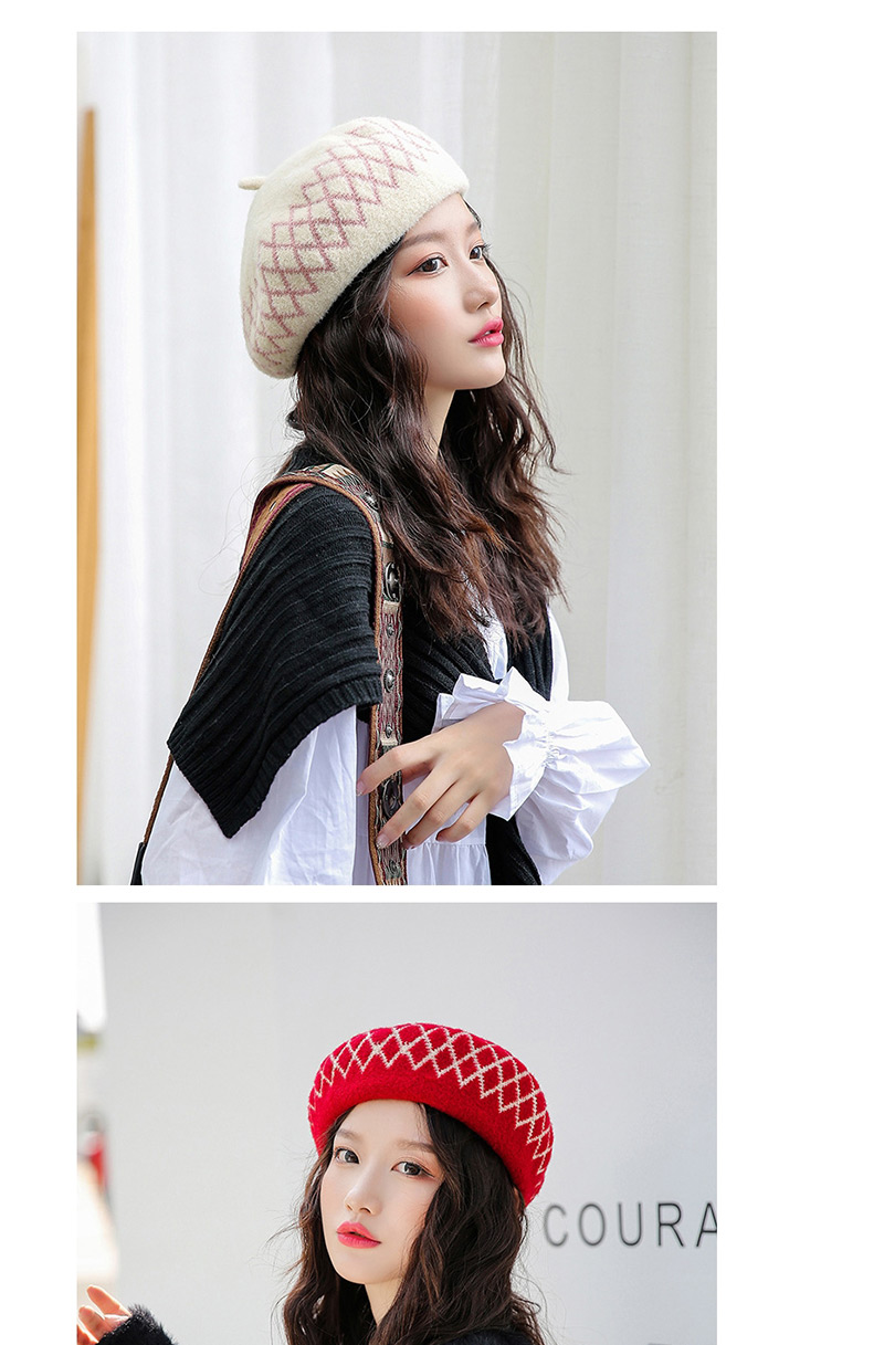 Fashion Red (white Line) Velvet Colorblock Diamond Plaid Beret,Sun Hats