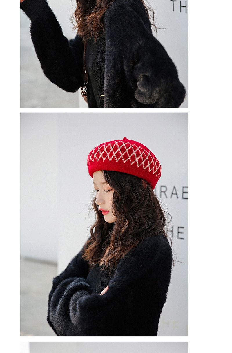 Fashion Red (black Grid) Velvet Colorblock Diamond Plaid Beret,Sun Hats