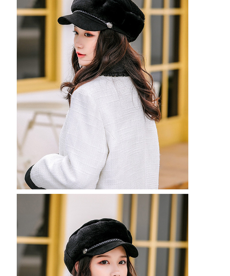 Fashion White Plush Octagonal Leather Cord Beret,Sun Hats