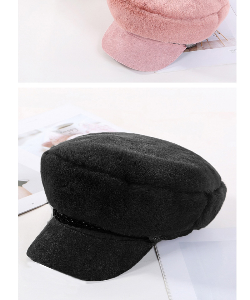Fashion Black Plush Octagonal Leather Cord Beret,Sun Hats