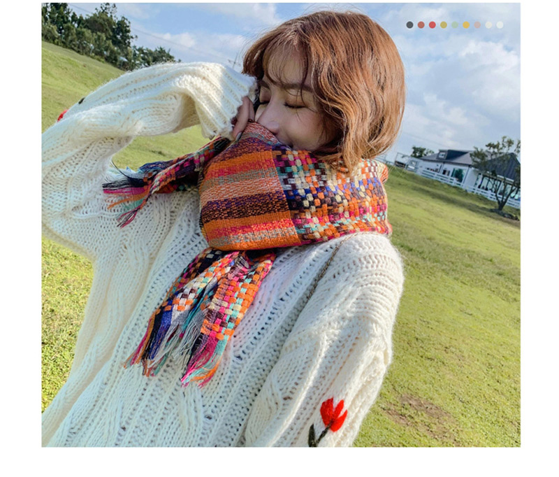Fashion Beige Rainbow Woven Plaid Imitation Cashmere Tassel Shawl Scarf,knitting Wool Scaves