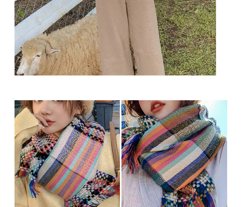 Fashion Army Green Rainbow Woven Plaid Imitation Cashmere Tassel Shawl Scarf,knitting Wool Scaves