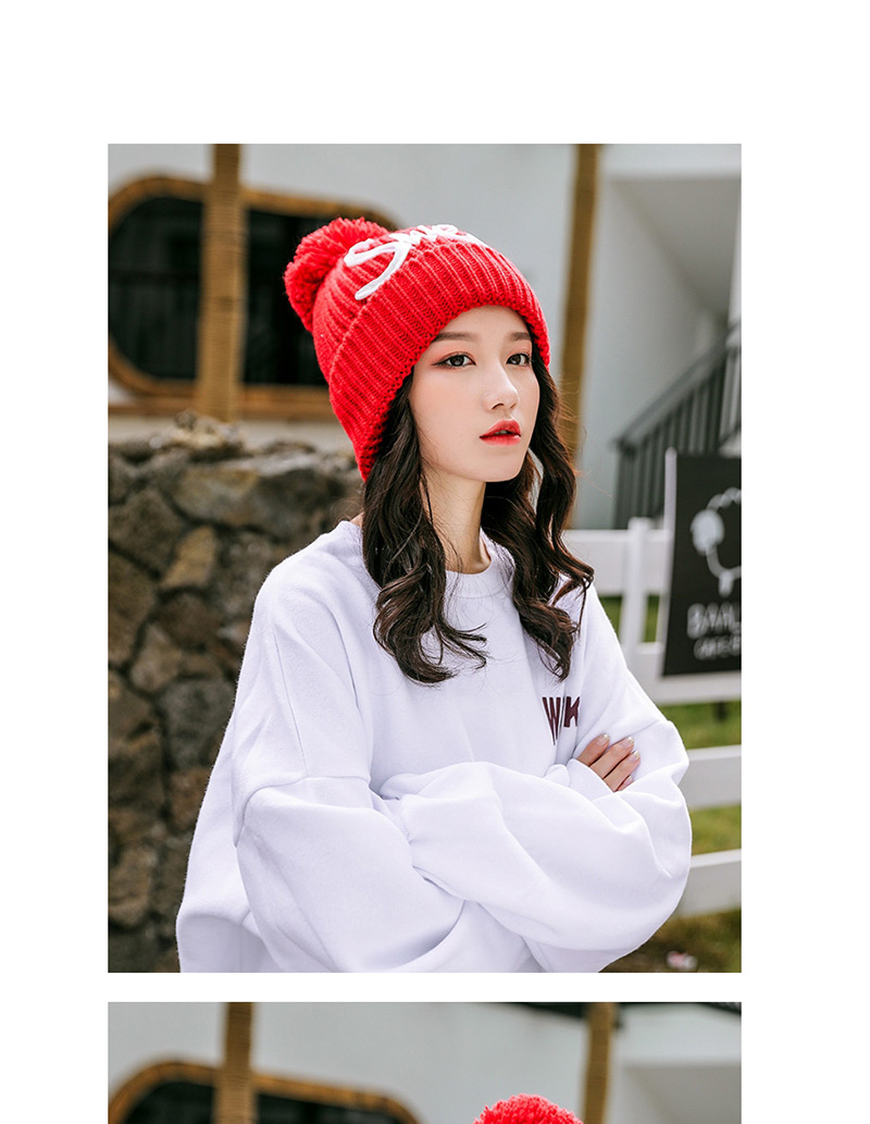 Fashion Red Plus Velvet Letter Hair Ball Curling Wool Cap,Knitting Wool Hats