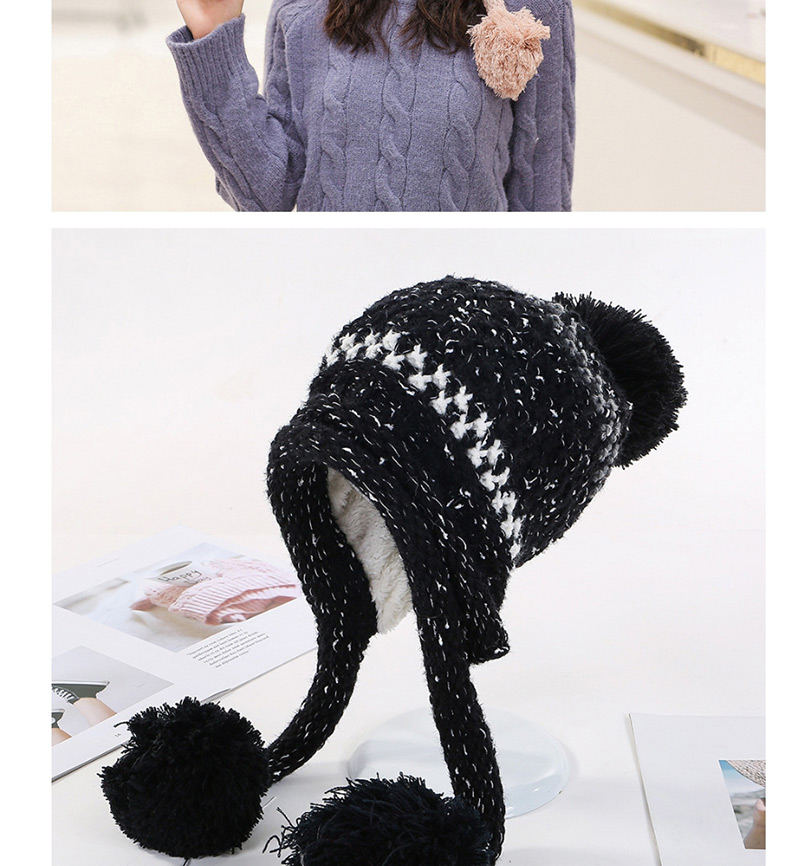 Fashion Black Double-layer Plus Velvet Color Matching Three Hair Ball Wool Cap,Knitting Wool Hats