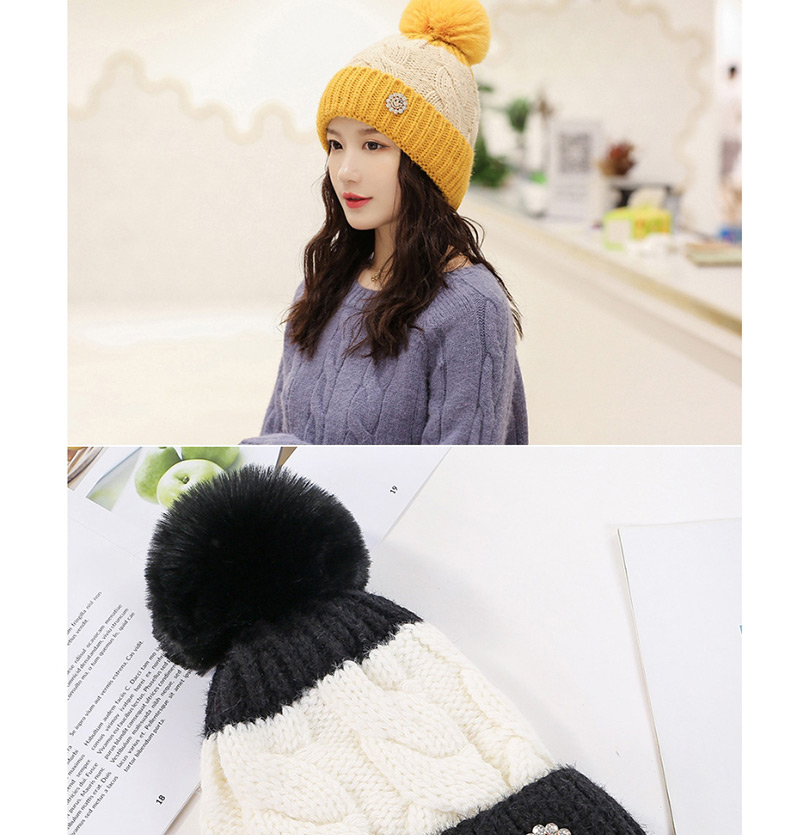 Fashion Yellow Color Matching Hair Ball Knitting Sun Flower Diamond And Plush Wool Cap,Knitting Wool Hats
