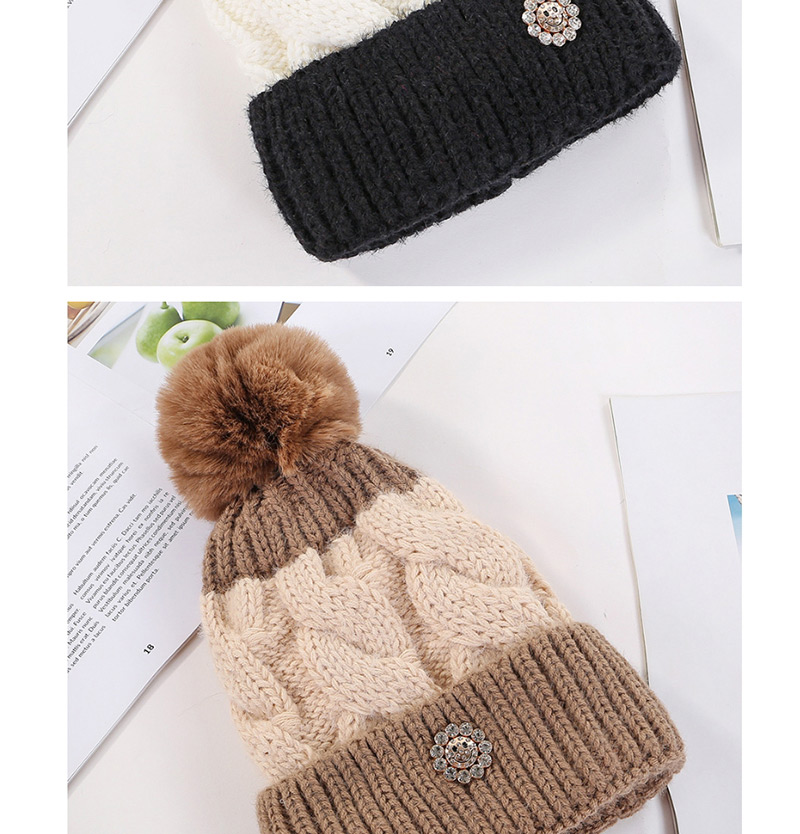 Fashion Black Color Matching Hair Ball Knitting Sun Flower Diamond And Plush Wool Cap,Knitting Wool Hats