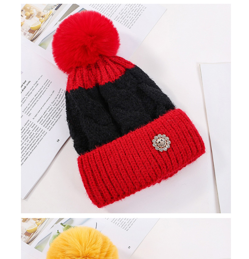 Fashion Red Color Matching Hair Ball Knitting Sun Flower Diamond And Plush Wool Cap,Knitting Wool Hats