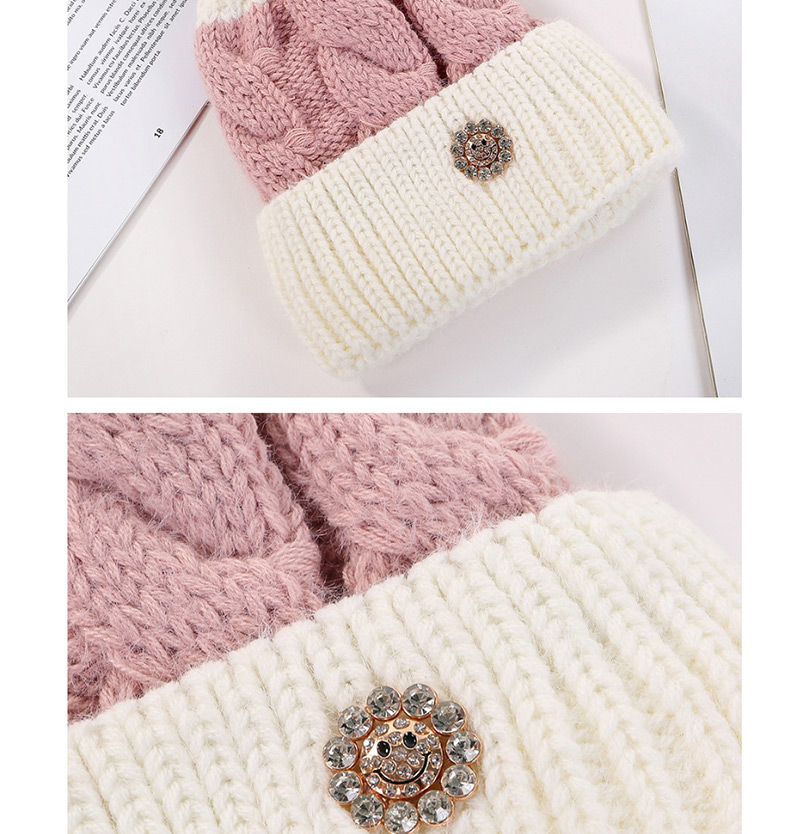 Fashion Pink Color Matching Hair Ball Knitting Sun Flower Diamond And Plush Wool Cap,Knitting Wool Hats