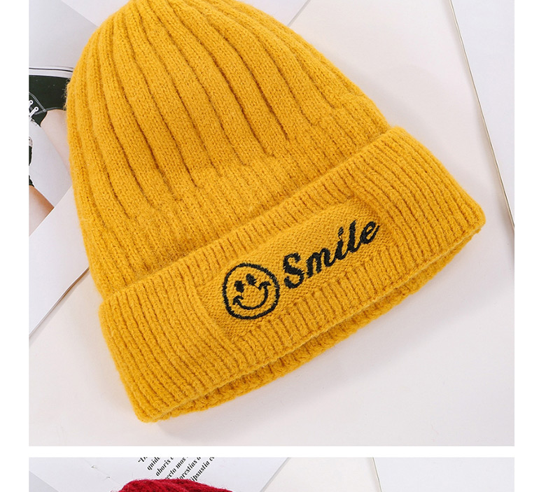 Fashion Yellow Embroidered Smiley Plus Velvet Knitted Wool Cap,Knitting Wool Hats