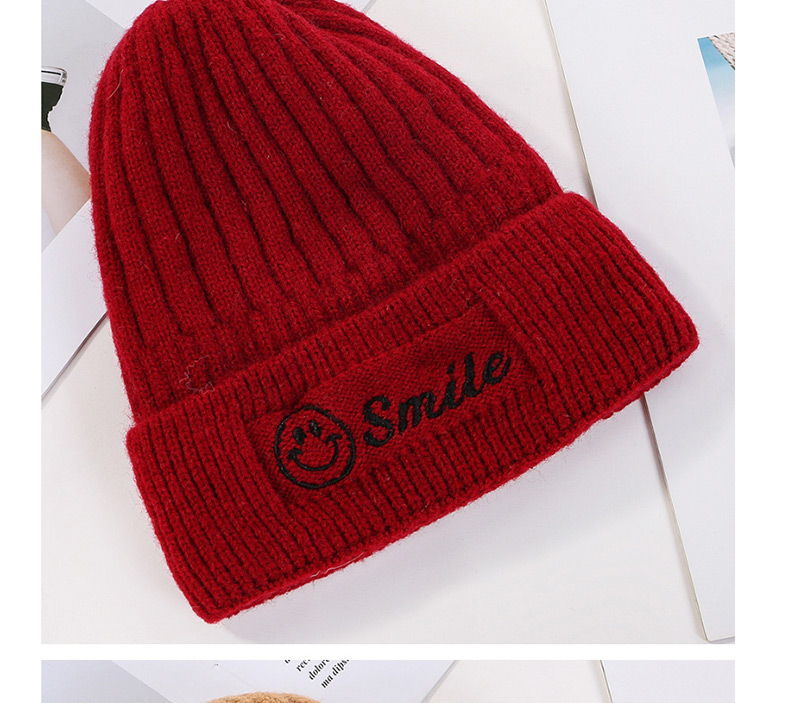 Fashion Pink Embroidered Smiley Plus Velvet Knitted Wool Cap,Knitting Wool Hats