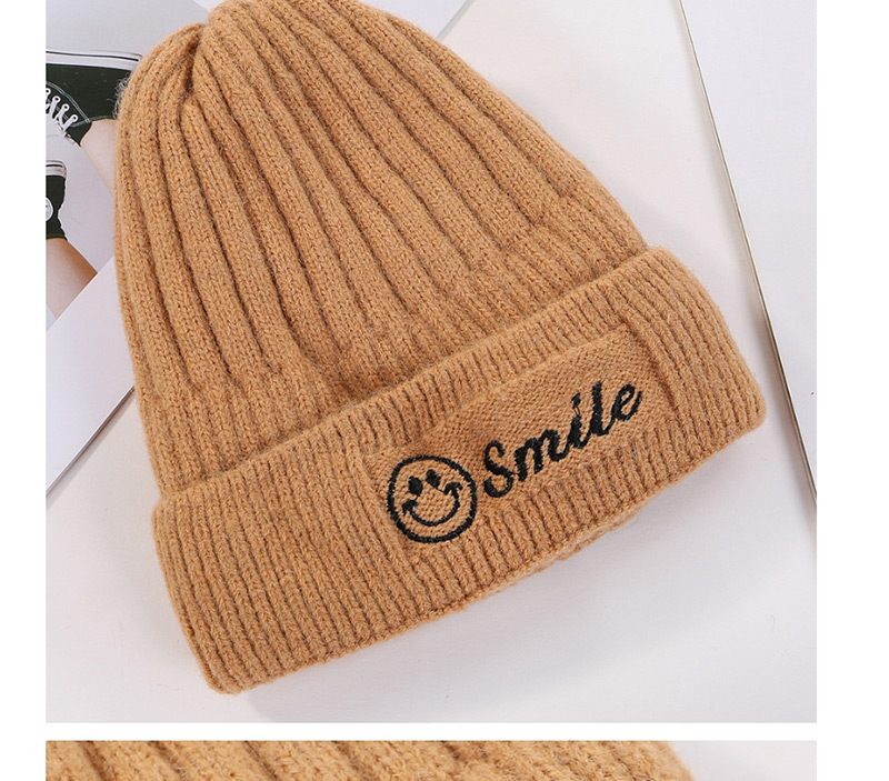 Fashion Coffee Color Embroidered Smiley Plus Velvet Knitted Wool Cap,Knitting Wool Hats
