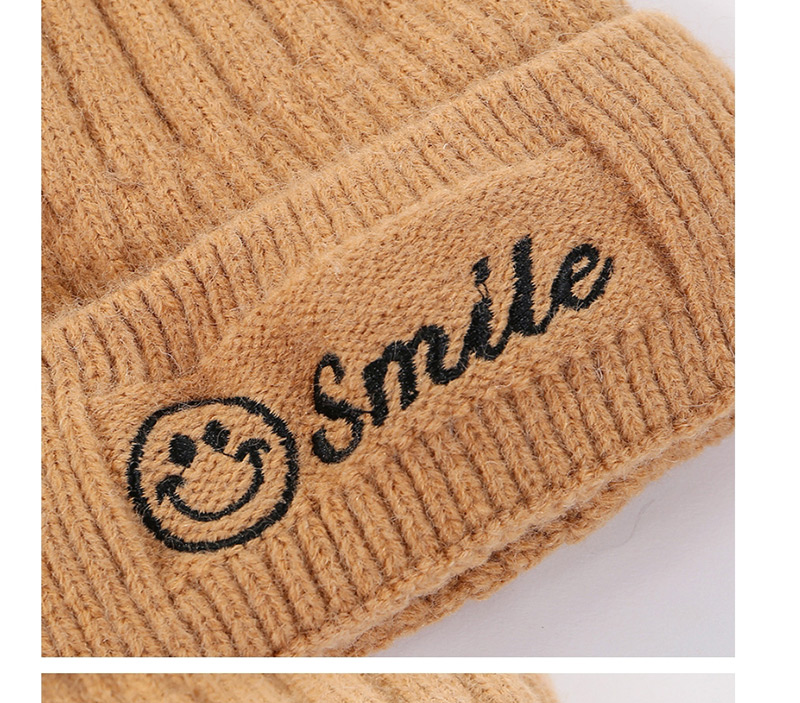 Fashion Khaki Embroidered Smiley Plus Velvet Knitted Wool Cap,Knitting Wool Hats
