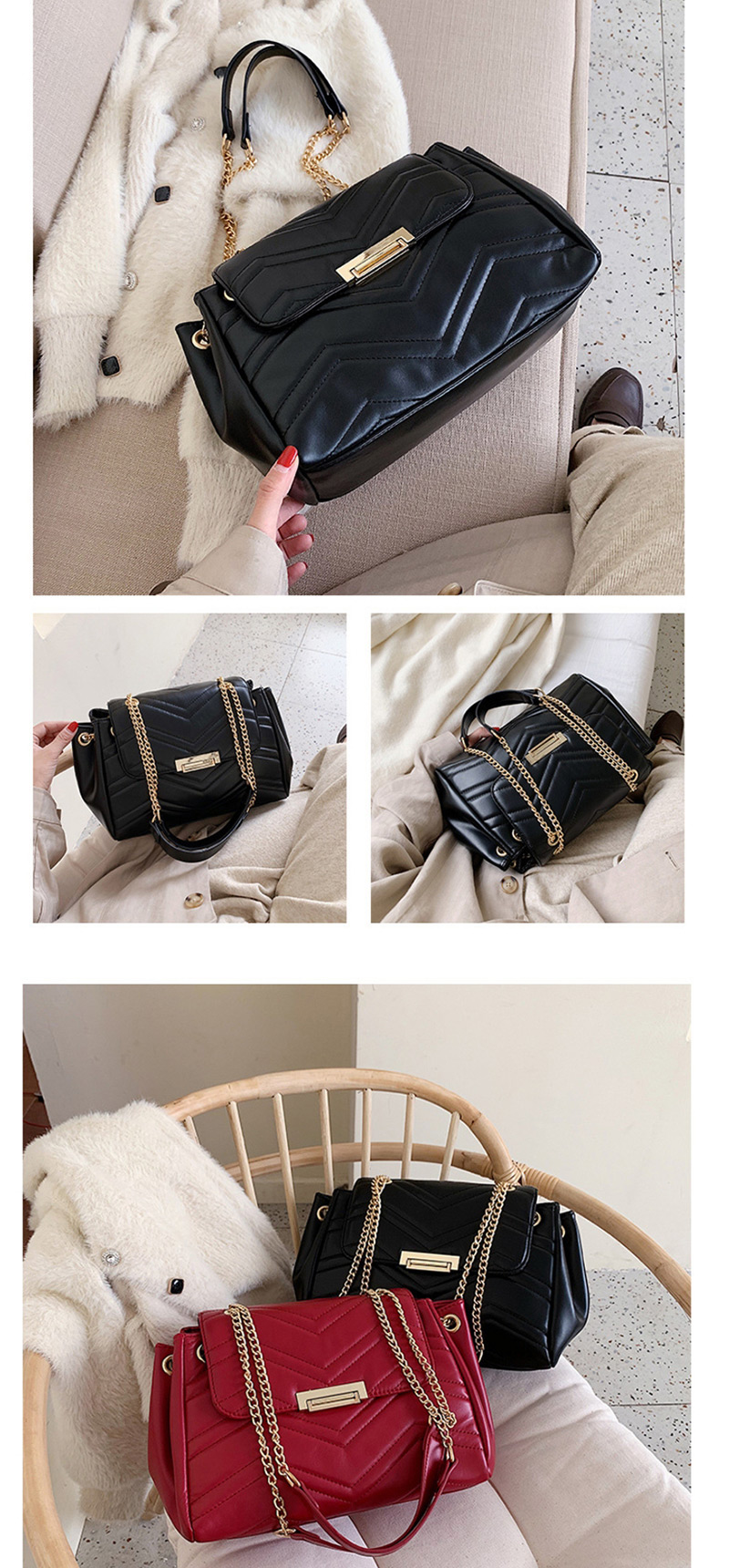 Fashion Black Chain Lock Embroidery Thread Shoulder Messenger Bag,Messenger bags