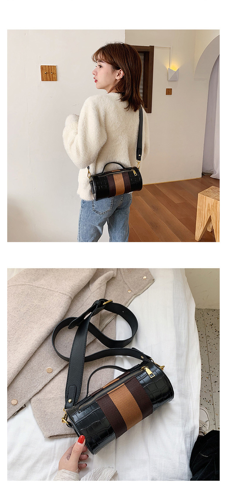 Fashion Brown Contrast Ribbon Splicing Shoulder Crossbody Bag,Handbags