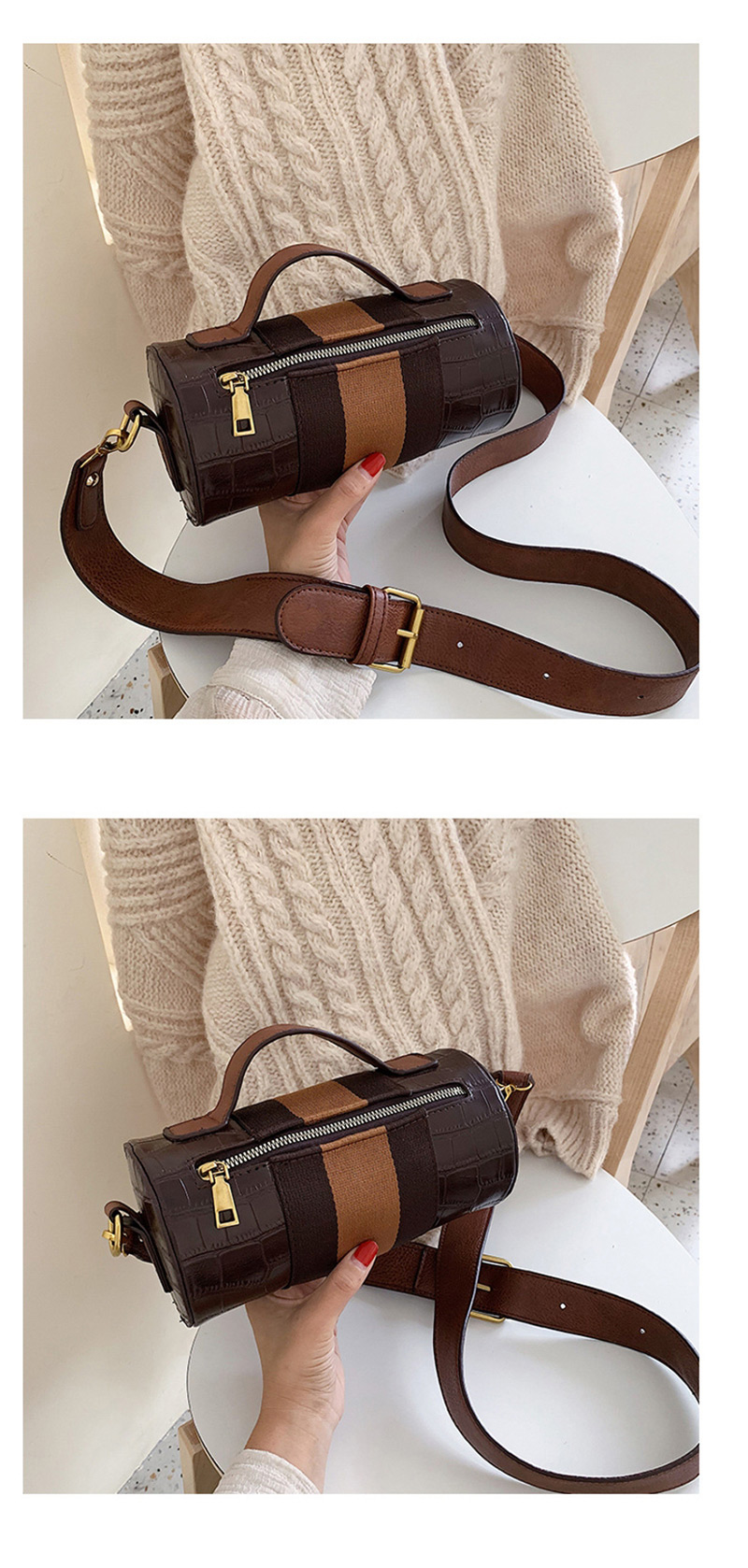 Fashion Brown Contrast Ribbon Splicing Shoulder Crossbody Bag,Handbags