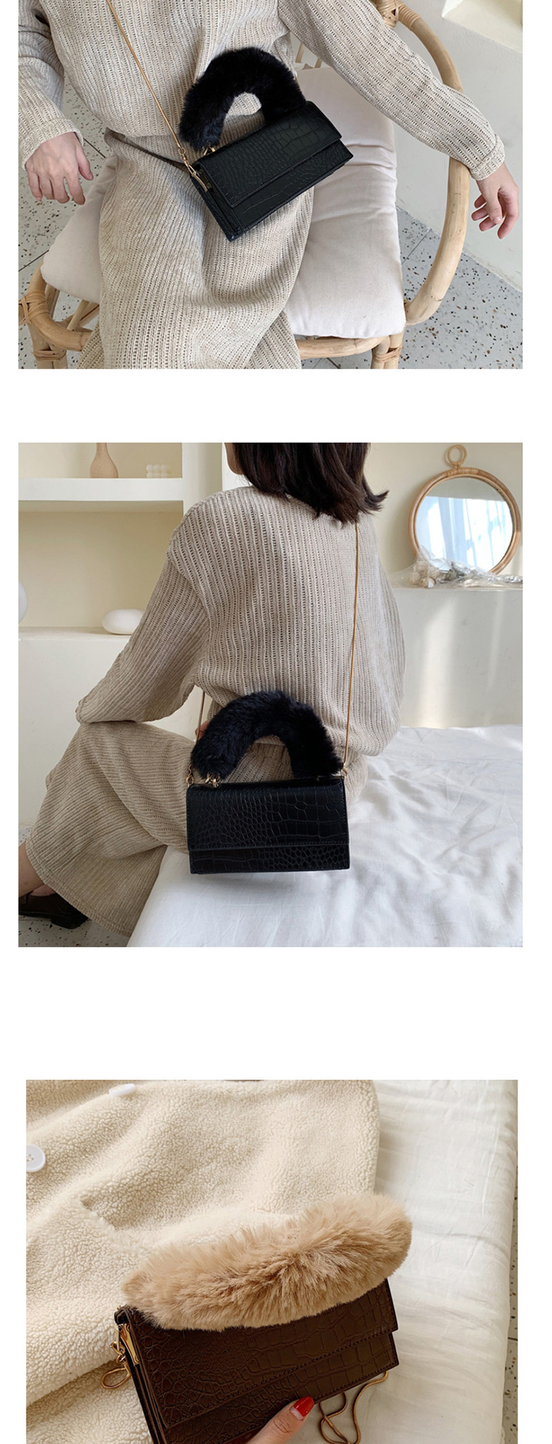 Fashion Black Chain Plush Mobile Messenger Bag,Handbags