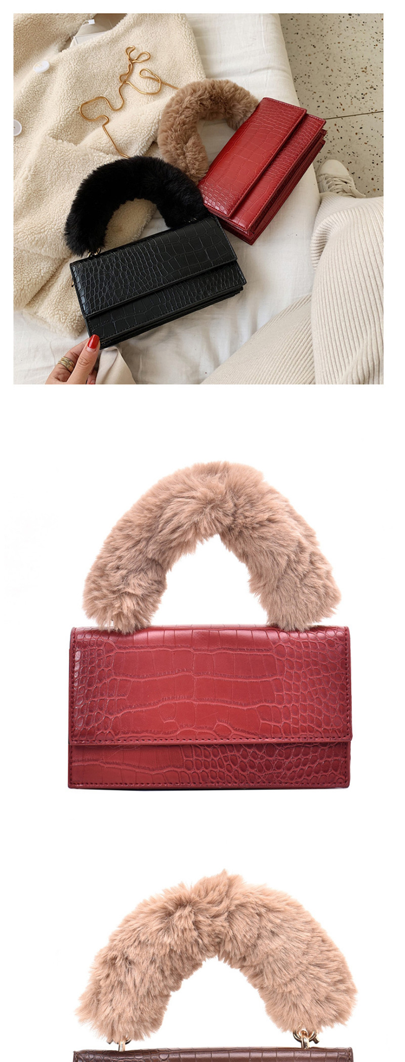 Fashion Brown Chain Plush Mobile Messenger Bag,Handbags