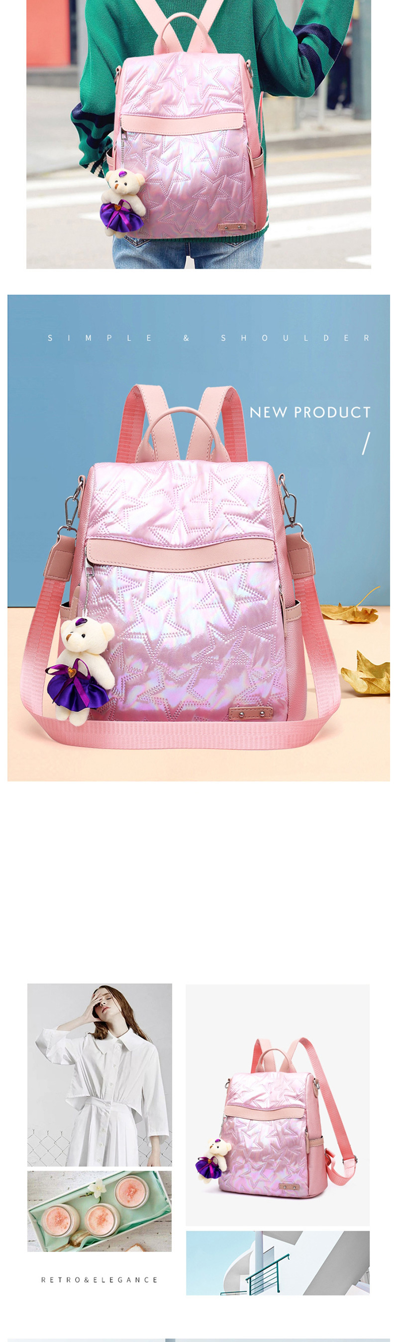 Fashion Pink Send Pendant Contrast Embroidered Line Five-pointed Star Backpack,Backpack