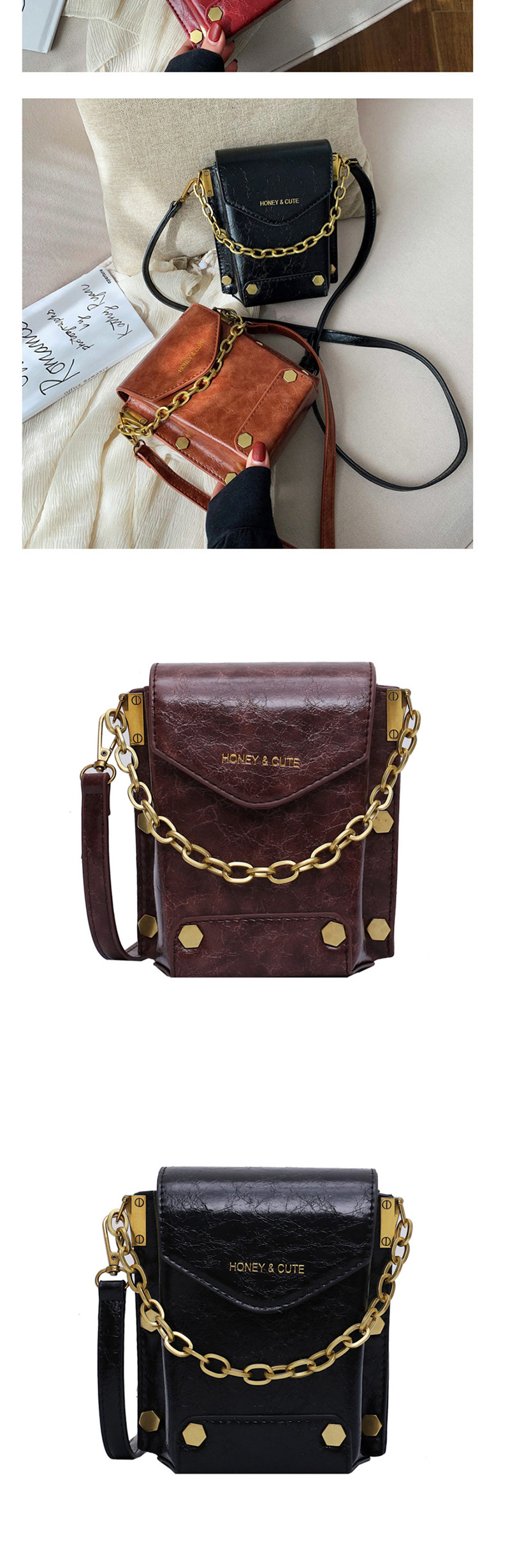 Fashion Brown Chain Rivet Shoulder Messenger Bag,Handbags