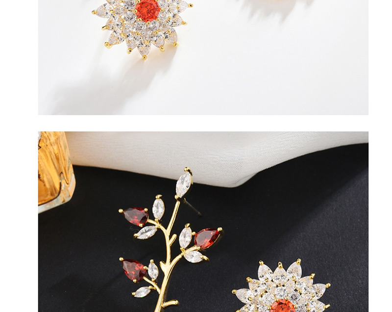 Fashion Gold  Sterling Silver Needle Micro-inlaid Zircon Branches Three-dimensional Flower Asymmetric Earrings,Earrings
