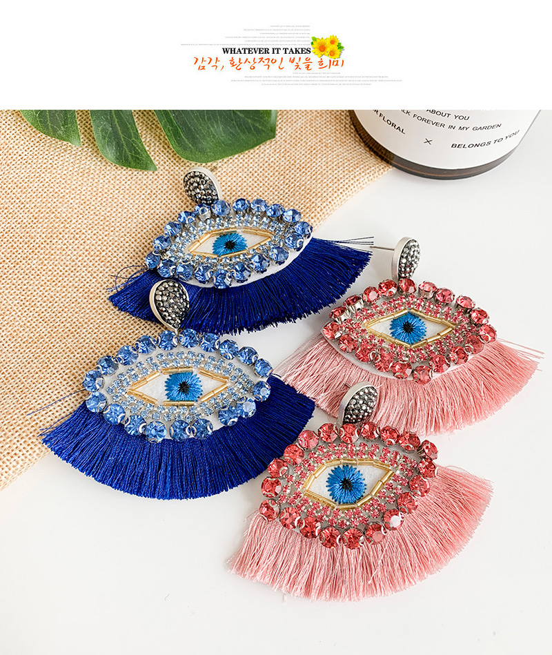 Fashion Pink Resin Rhinestone Embroidery Eye Tassel Earrings,Drop Earrings