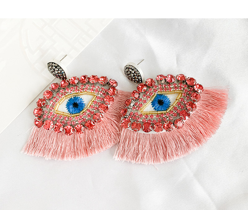 Fashion Pink Resin Rhinestone Embroidery Eye Tassel Earrings,Drop Earrings