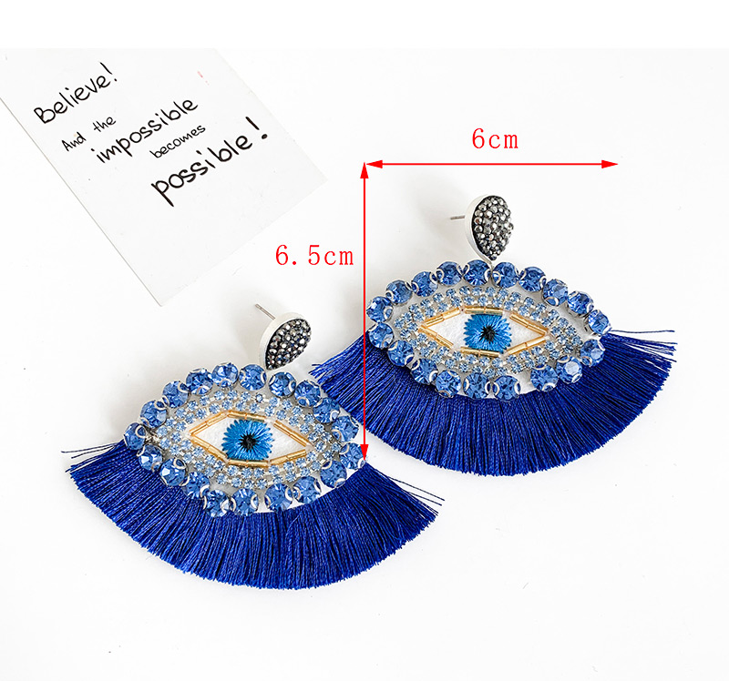 Fashion Royal Blue Resin Rhinestone Embroidery Eye Tassel Earrings,Drop Earrings