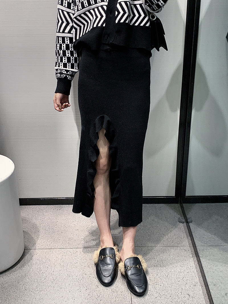 Fashion Gray Knitted Irregular Split Ruffle Skirt,Skirts