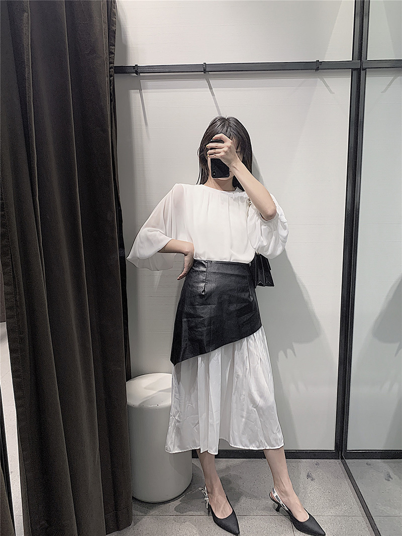 Fashion Black And White Fake Two Piece Pu Leather Stitching Chiffon A Word Skirt,Skirts