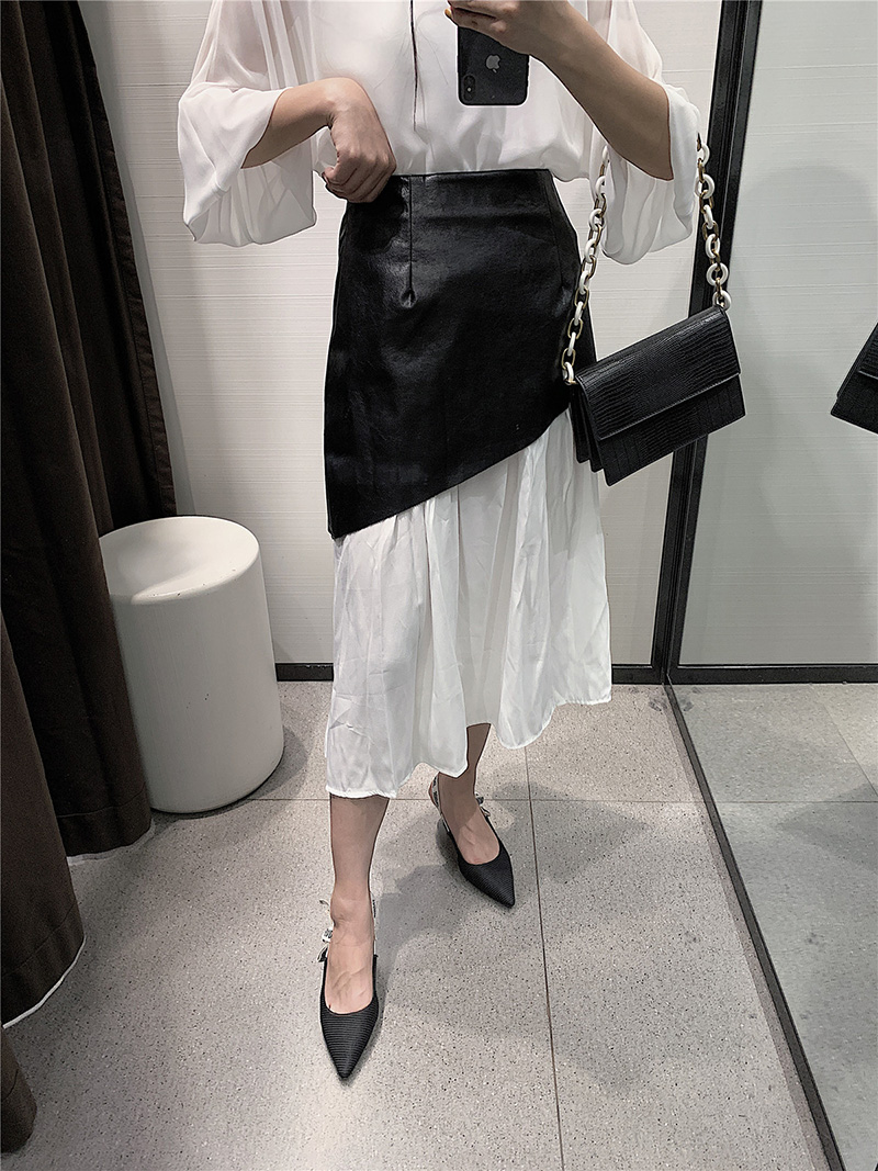 Fashion Black And White Fake Two Piece Pu Leather Stitching Chiffon A Word Skirt,Skirts