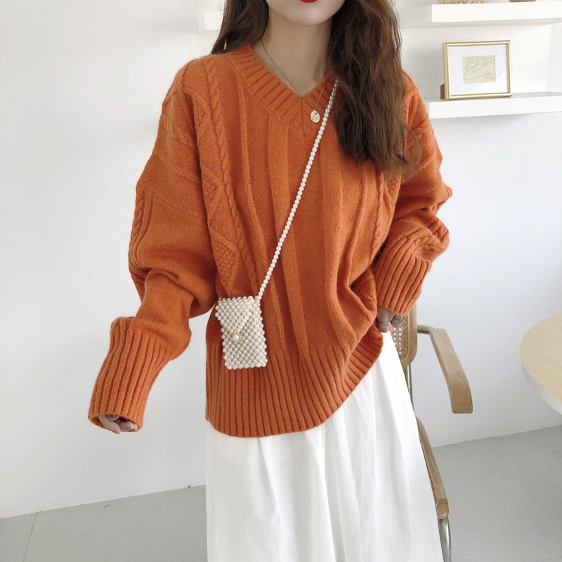 Fashion Orange V-neck Knit Sweater,Sweater