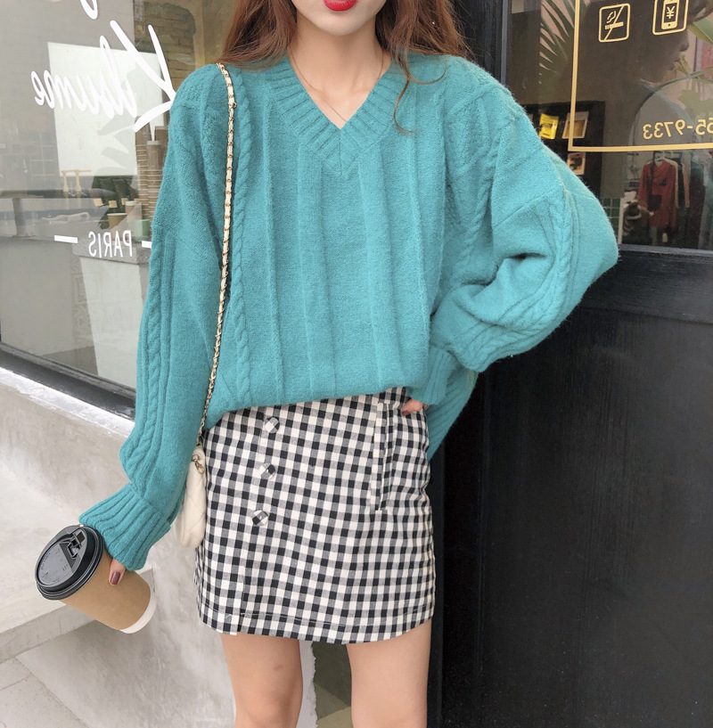 Fashion Peacock Blue V-neck Knit Sweater,Sweater