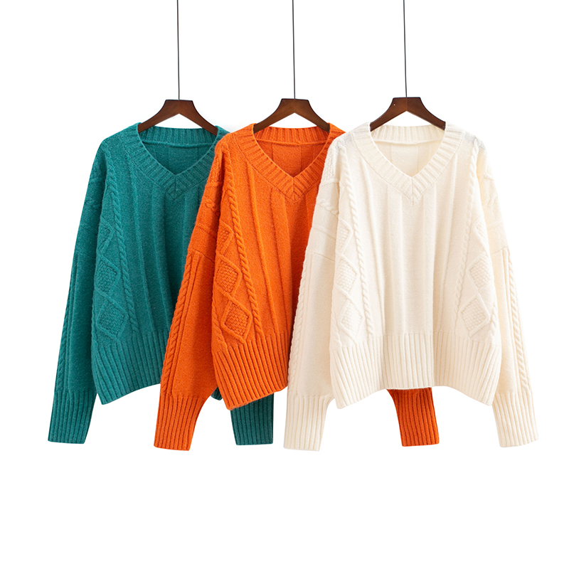Fashion Orange V-neck Knit Sweater,Sweater