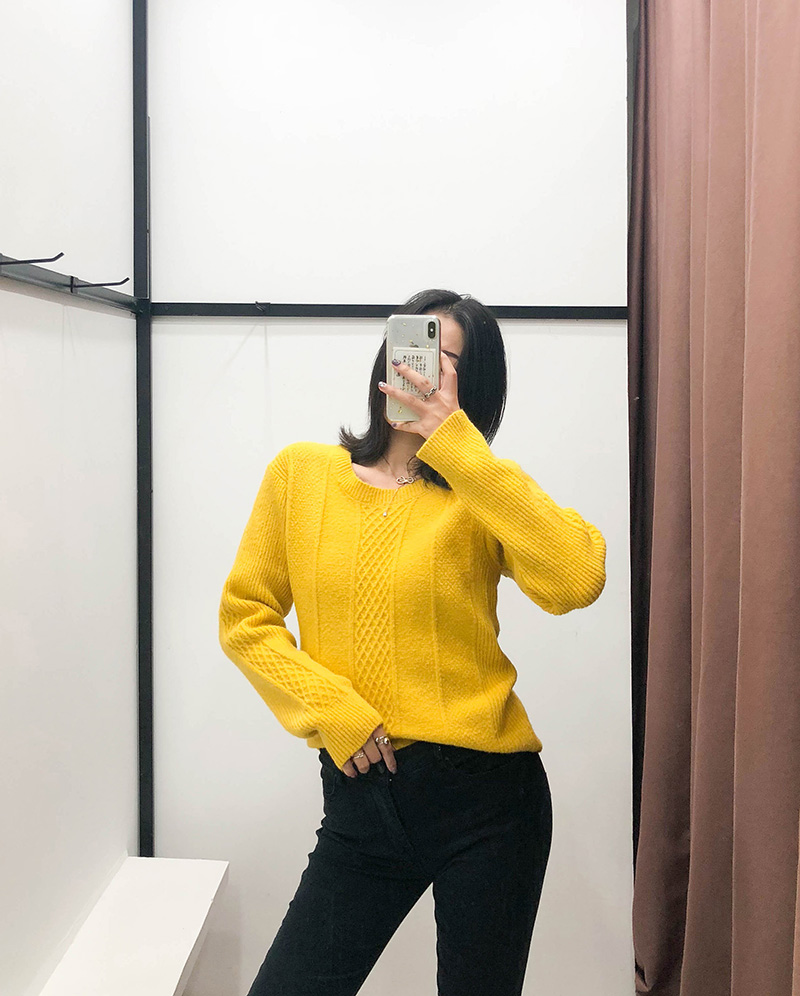 Fashion Yellow Diamond Checkered Round Neck Sweater,Sweater