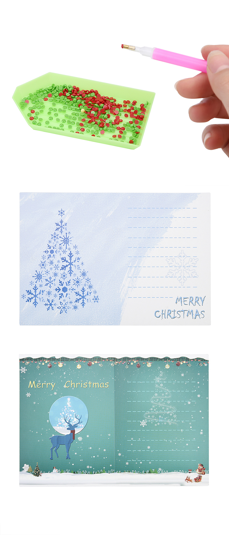 Fashion Color Diamond Painted Christmas Card (four Cards + Four Envelopes + Four Diamond Bags + One Point Drill Pen + One Diamond Tray + One Piece Of Clay),Festival & Party Supplies
