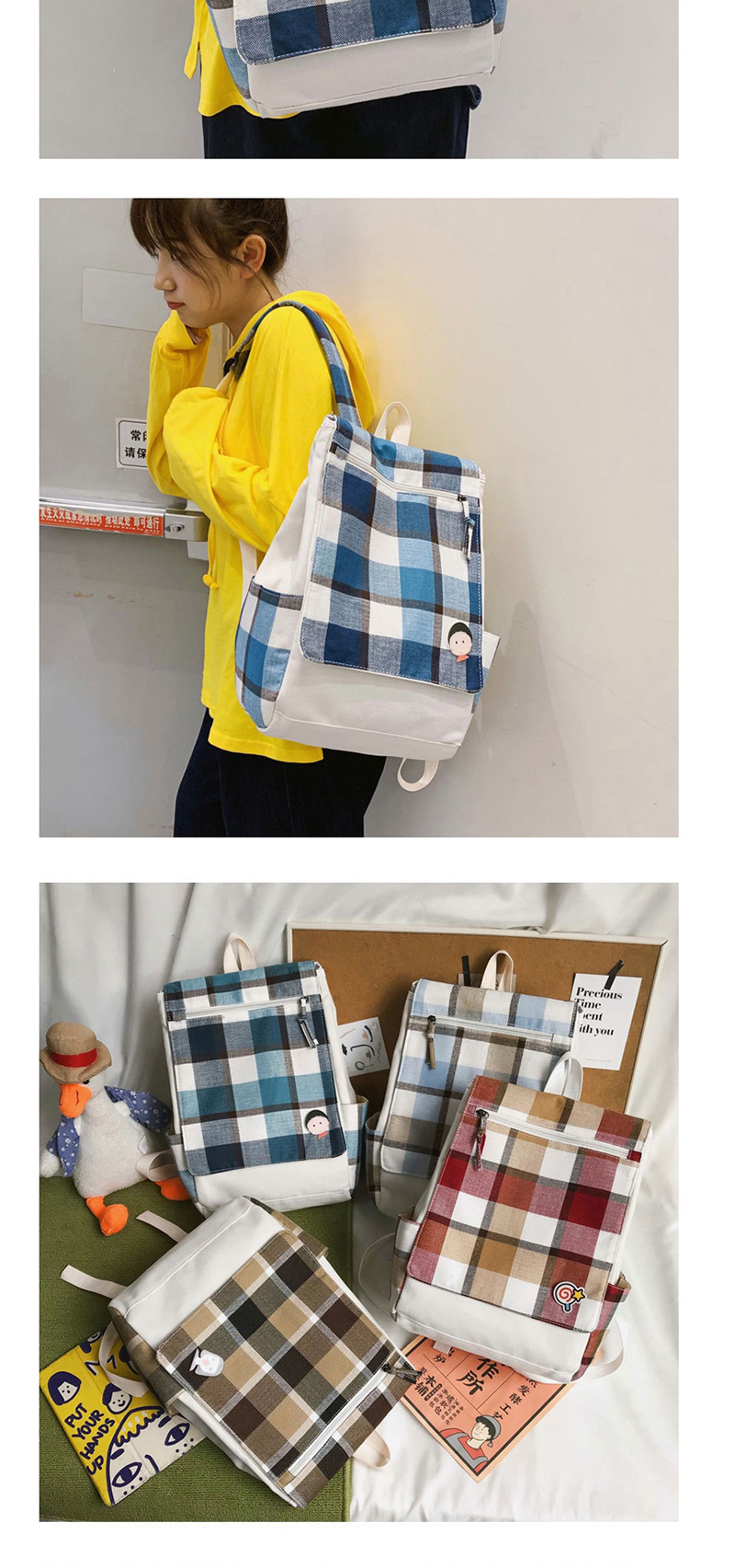 Fashion Navy Blue Canvas Plaid Backpack,Backpack