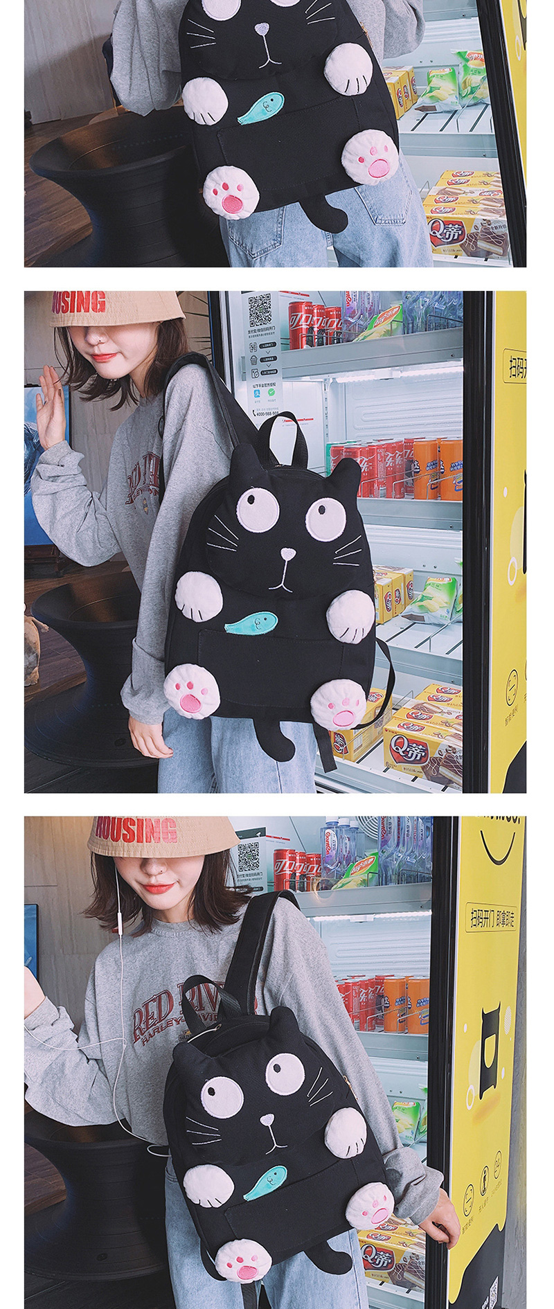 Fashion Large Black Cartoon Cat Eating Small Fish Canvas Shoulders Parent-child Package,Backpack